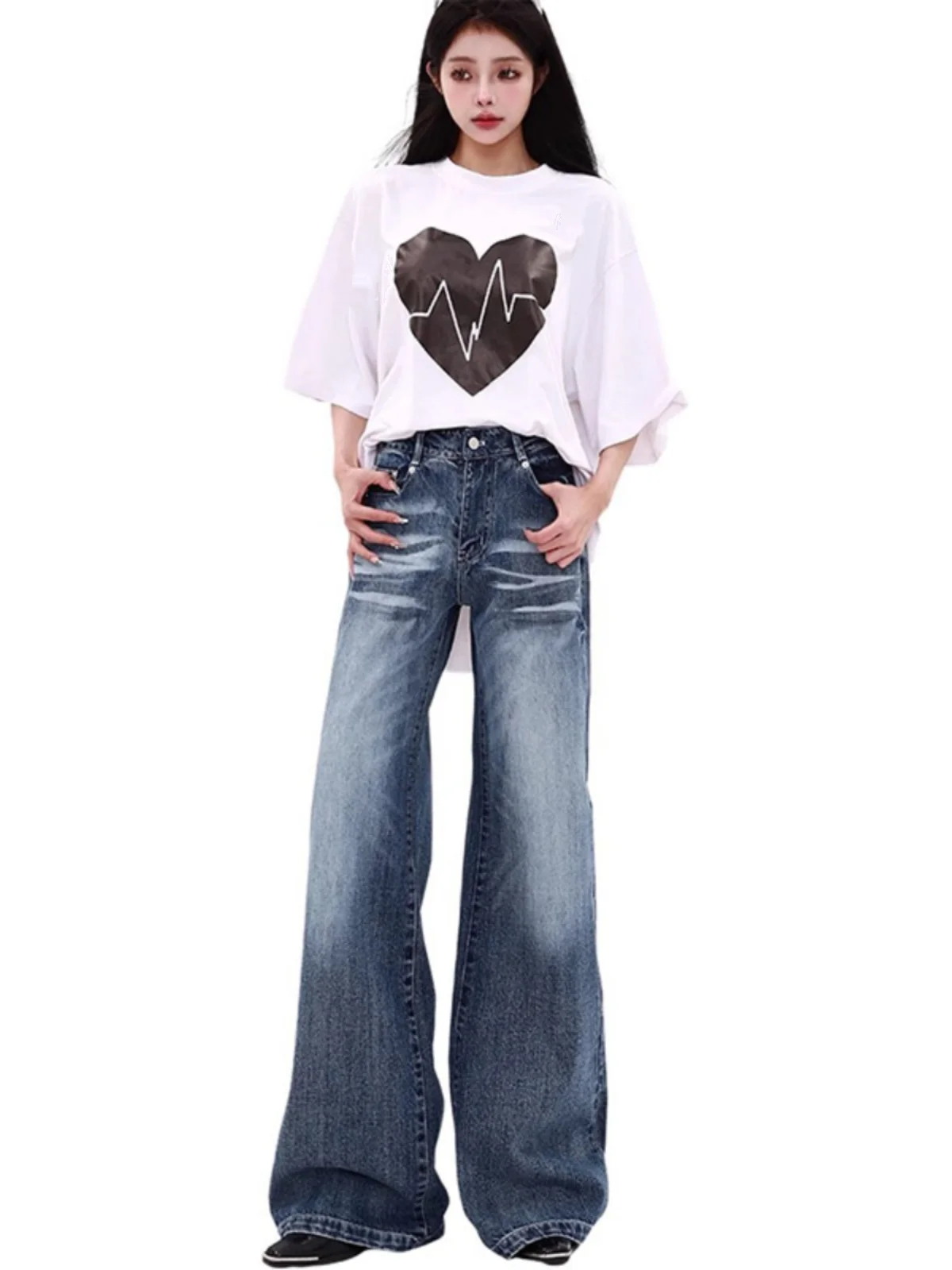 Retro American Washed Wide Leg Jeans Women's Spring Autumn Draped Low Waist Slimming Micro Flared Long Trousers
