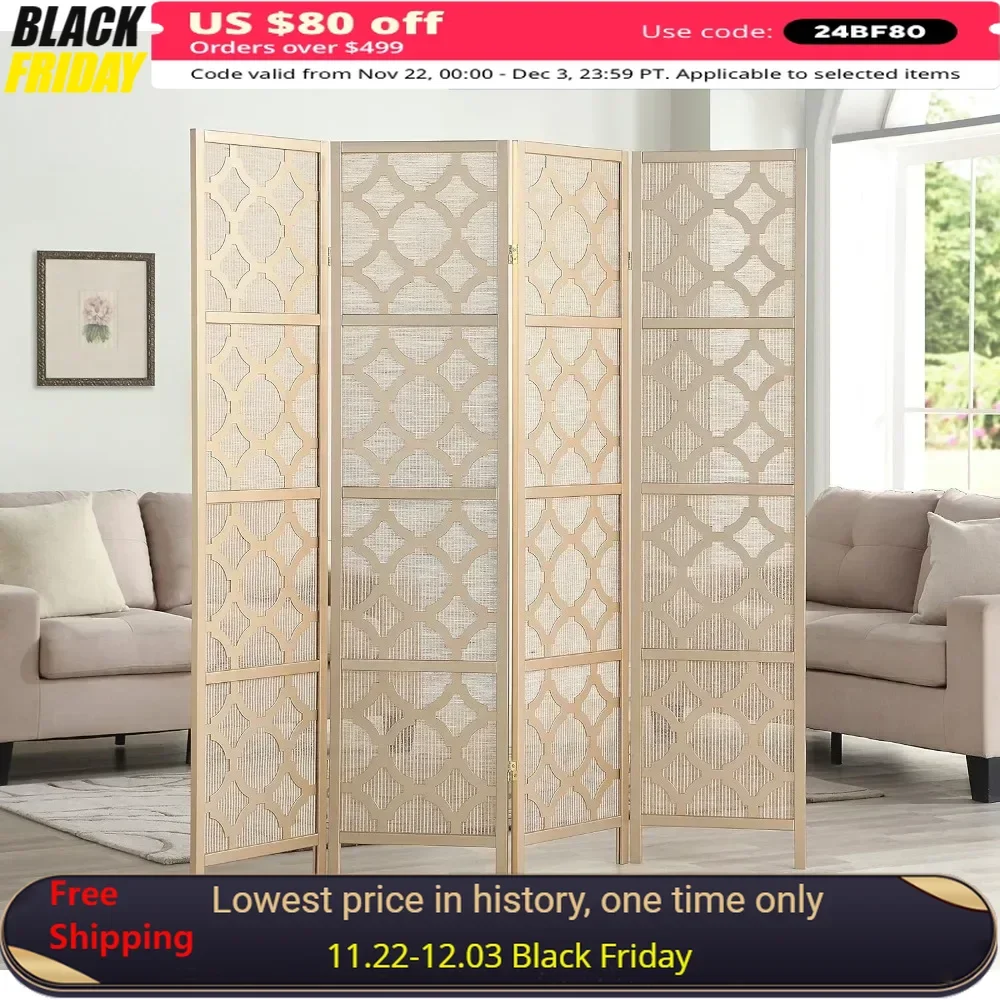 Curtain,  Quarterfoil Infused Diamond Design 4-Panel Room Divider, Gold, Curtain