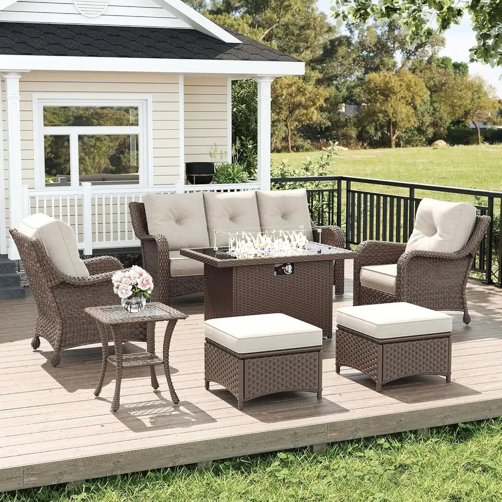 

6-Piece Rattan Outdoor Furniture Set with Cushions, High Back Patio Set with Fire Pit Table