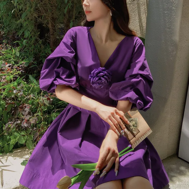 Dabuwawa High-End Three-Dimensional Flower Decoration Waist Slimming Long Dress Women Summer New High Waist Slim Purple Dress