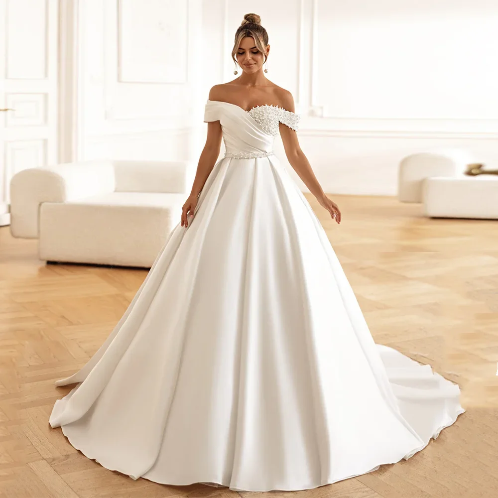 

Flavinke Customized Ball Gown Wedding Dresses 2025 Princess Bride Off Shoulder Pleat Pearls Sweep Train Satin Bridal Gown Woman
