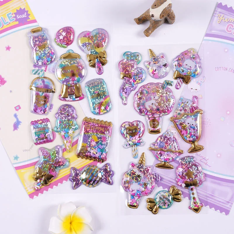 Kawaii Glittering 3D Cartoon Capsule Stickers Scrapbooking Waterproof Bubble PVC DIY Stickers Aesthetic Girls Gift