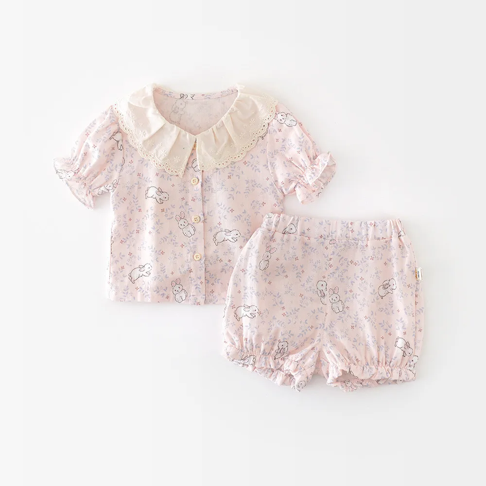 

0-2 years old Girls' Summer 2-piece Set Cartoon bunny print pink sweet set casual cotton tops + shorts toddler clothes