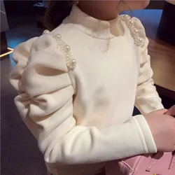Girls' Winter Thick Pearl Bubble Sleeve Bottom Coat with Velvet Children's Solid Color Western Style Warm Top