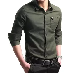 Camisas militares de Color sólido para hombre, ropa básica empalmada de manga larga de un solo pecho, estilo Safari, primavera y otoño