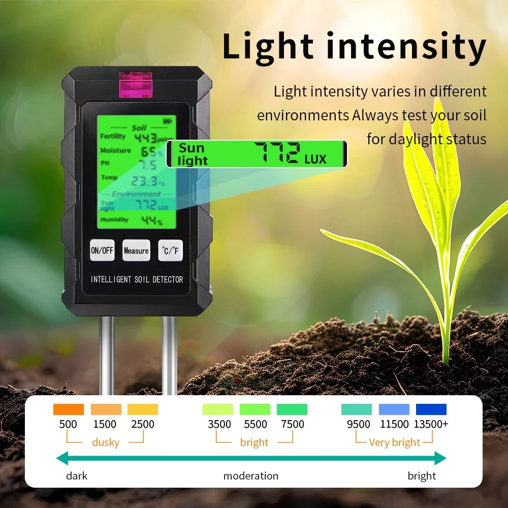 6 في 1 التربة مقياس درجة الحموضة أشعة الشمس الرطوبة المحيطة درجة الحرارة اختبار رطوبة التربة المغذيات الخصوبة كاشف حديقة سولي حديقة محلل #4