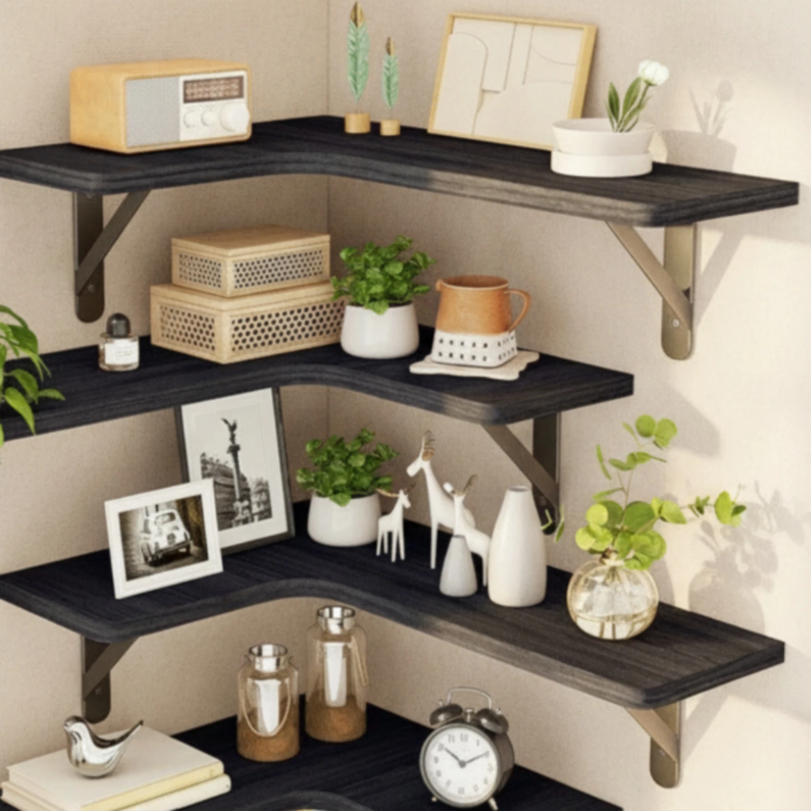 L-Shaped Corner Shelving Unit Sturdy Wall-Mounted Corner Shelf with Brackets Storage Shelves Modern Low Maintenance