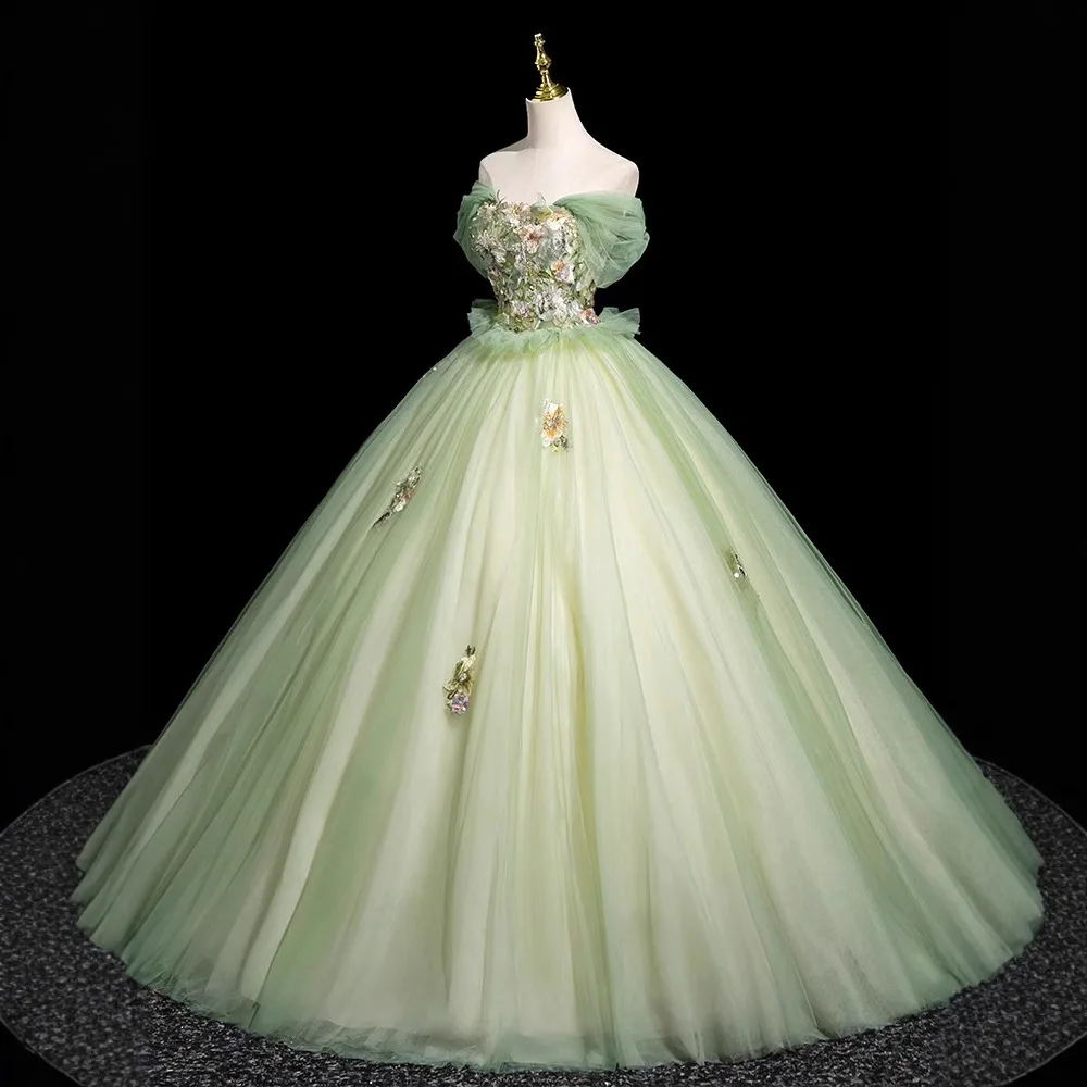 ลูกไม้สีสันAppliquesเลื่อมTulle Quinceaneraชุด 2025 ปิดไหล่RufflesพรหมชุดราตรีชุดราตรีRobes 15 ปี
