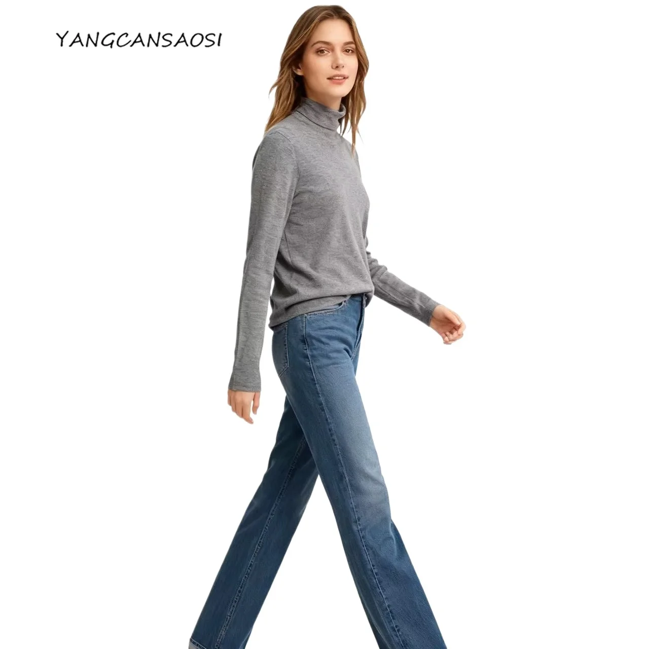 

2025 Women's Autumn New Clothing 100% Wool Semi High Collar Rolled Edge Loose Versatile Lazy Style Fashionable Pullover Sweater