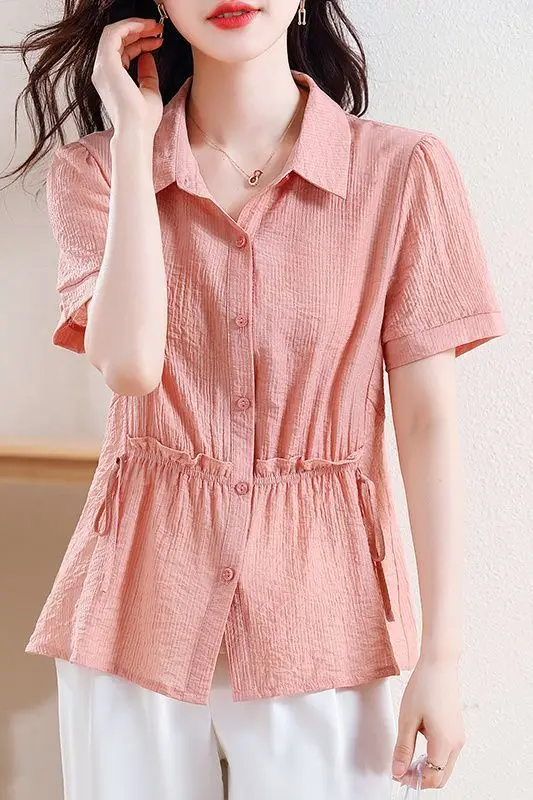 

Cotton and Linen Shirt Short Sleeved Summer New Skirt with a Stylish Waist and Look Slimming