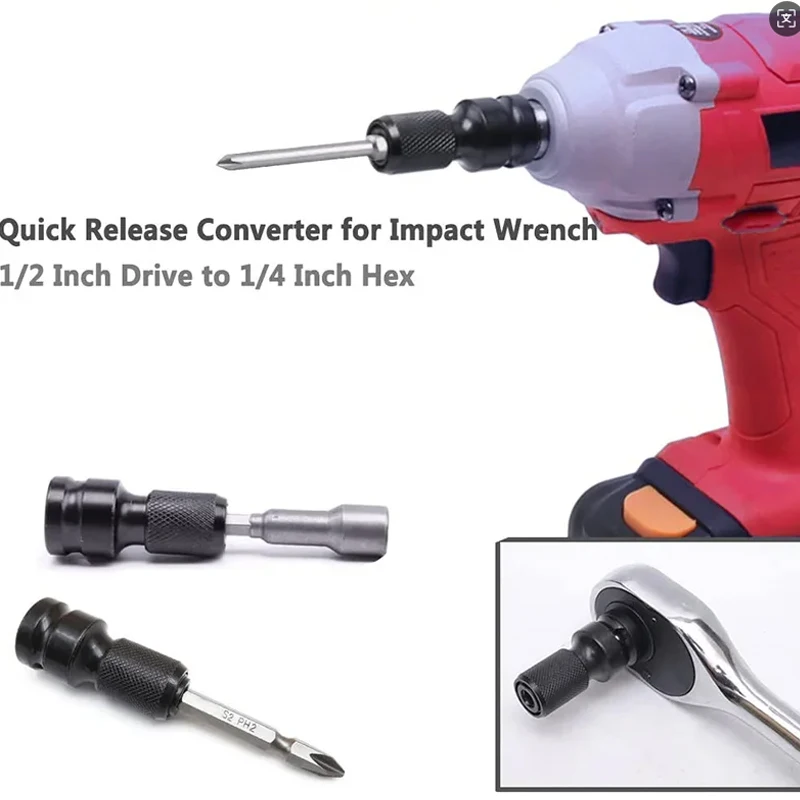 Quick Release 1/2-Inch Square Drive To 1/4-Inch Hex Female Socket Adapter Converter Chuck Adaptor for Impact and Ratchet Wrench