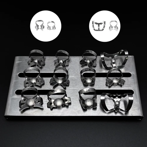 Imagen 2 del producto 12 unid/set de soporte de marco de Clip de barrera Dental, abrazaderas de cuidado bucal de acero inoxidable, herramientas endodónticas para odontología, juego de Clips de goma