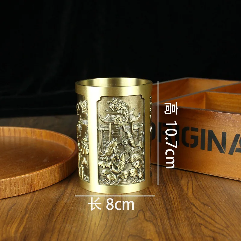Brass Double Fish Leaping Over the Dragon Gate Office Study Desk Pen Holder Stand Pure Copper High-end Creative Ornam