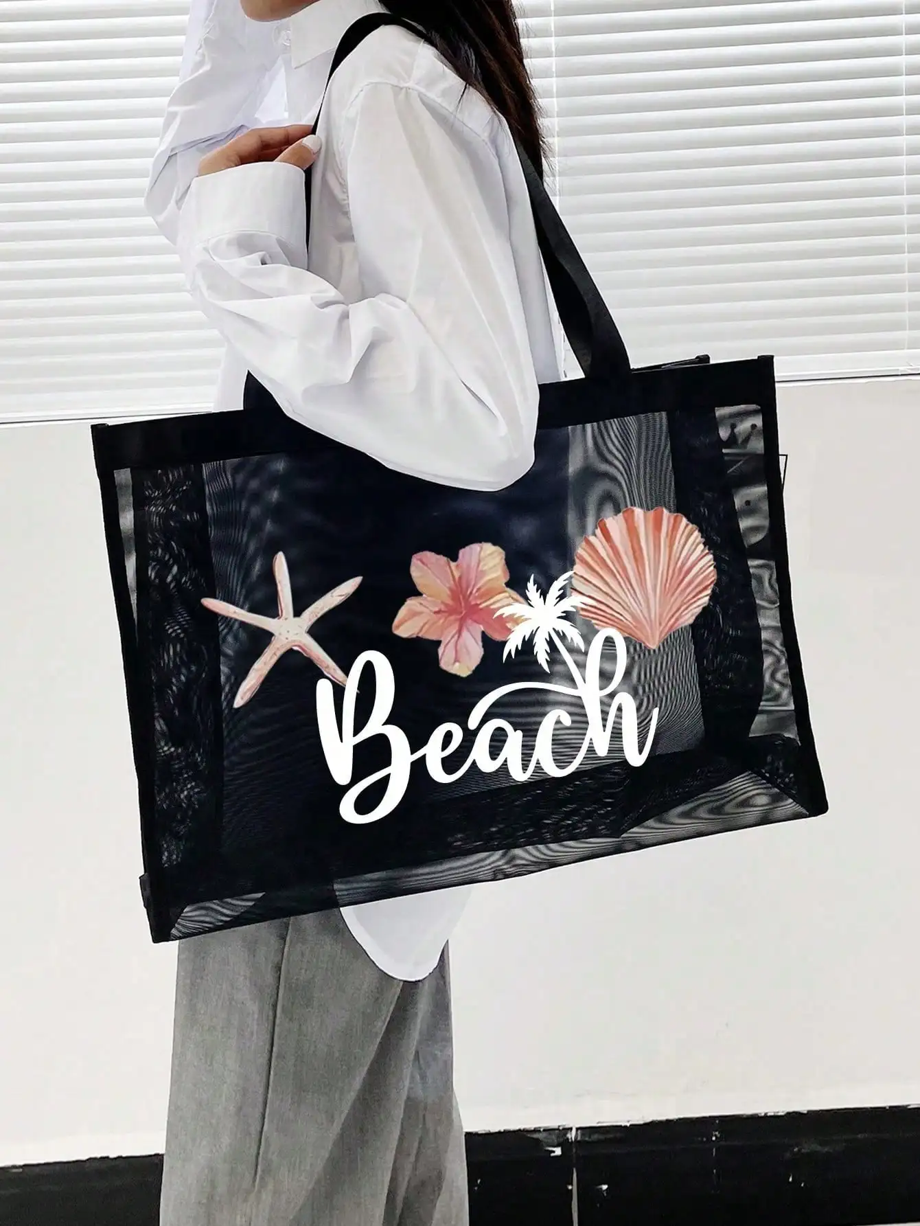 

1pc/2pcs Large Capacity Grid Tote Bag With Letter Decor, Multifunctional Polyester Mesh Handbag And Cosmetic Bag Set - Beach Vacation Storage And Shopping - Suitable For Teens And Women - College Students - Suitable For Beach, School, Daily Use - Ideal Gi