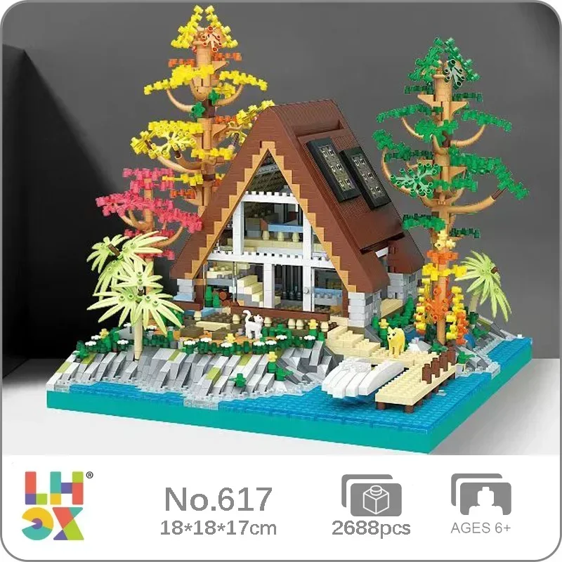 

LHCX 617 World Architecture Lakeside Cabin Forest Wooden House Wharf Speedboat 3D Mini Diamond Blocks Bricks Building Toy No Box