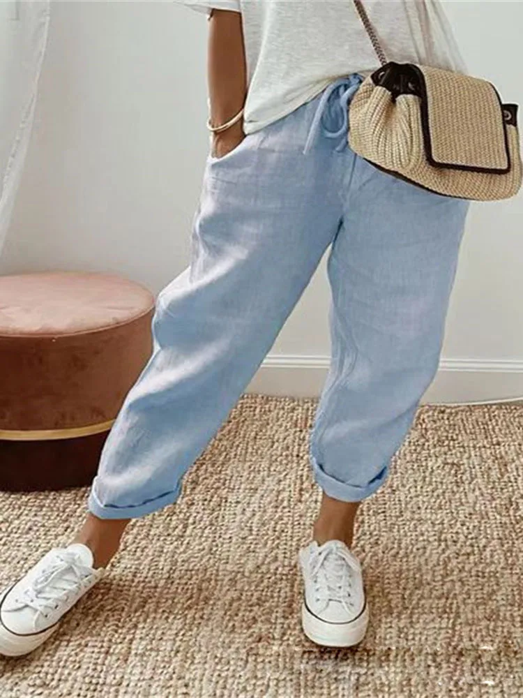 Sommer Baumwoll-Leinen-Hose für Damen mit Hoher Taille, Kordelzug, Elastisch, Lässige Hose, Weich und Atmungsaktiv, Lockere Bleistifthose – Detail 4