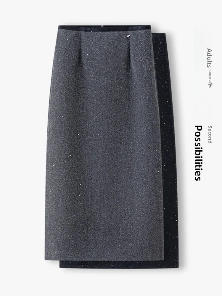 

Gray Woolen A-Line Skirt Women's Autumn Winter High Waist Slim Fit Glitter Wrap around Skirt Korean Style Commute