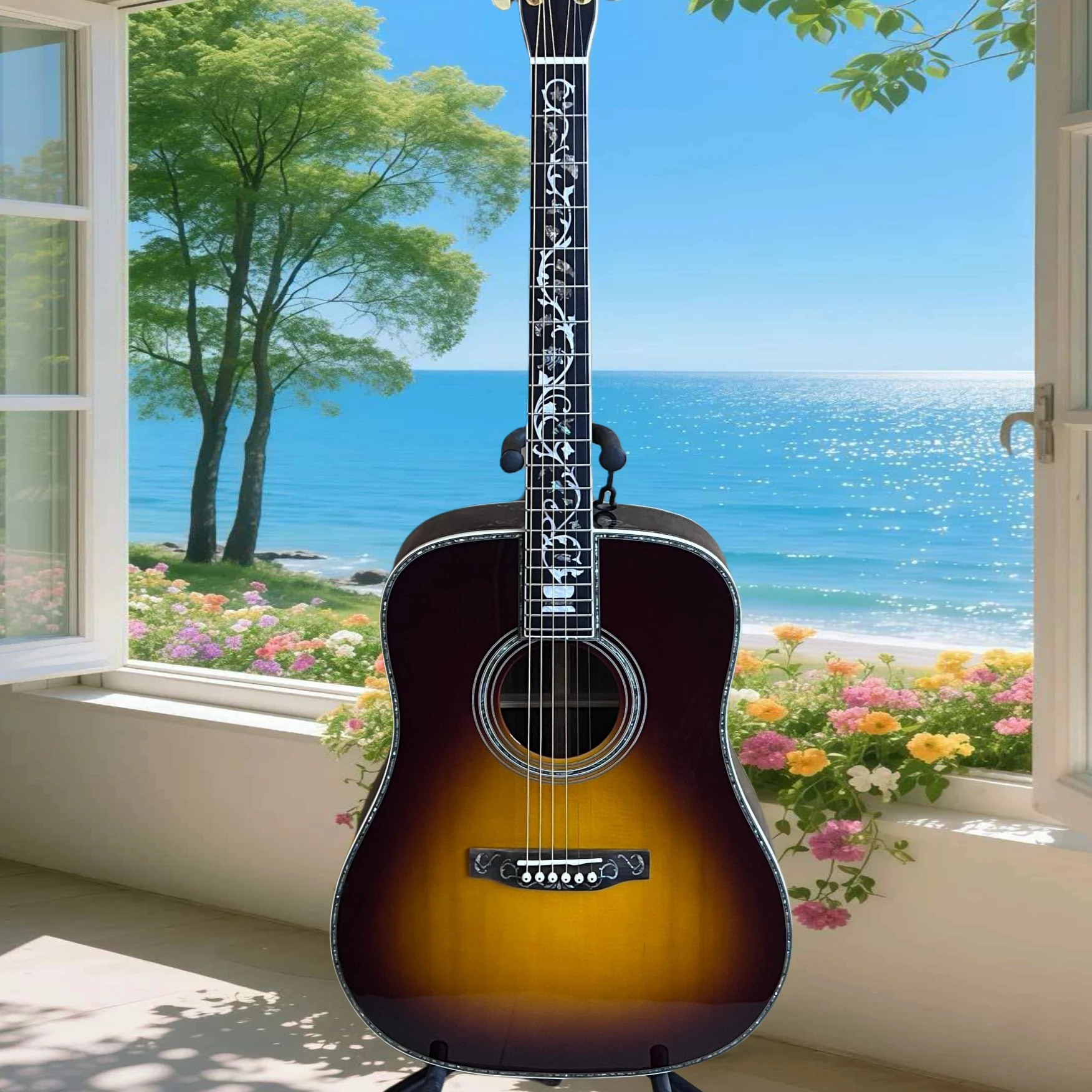 

Акустическая гитара Sunset 41 дюйм, стиль D45, цельный еловый верх, гриф из черного дерева, чистый звук, бесплатная доставка, инкрустация из абалона на пикгарде корпуса