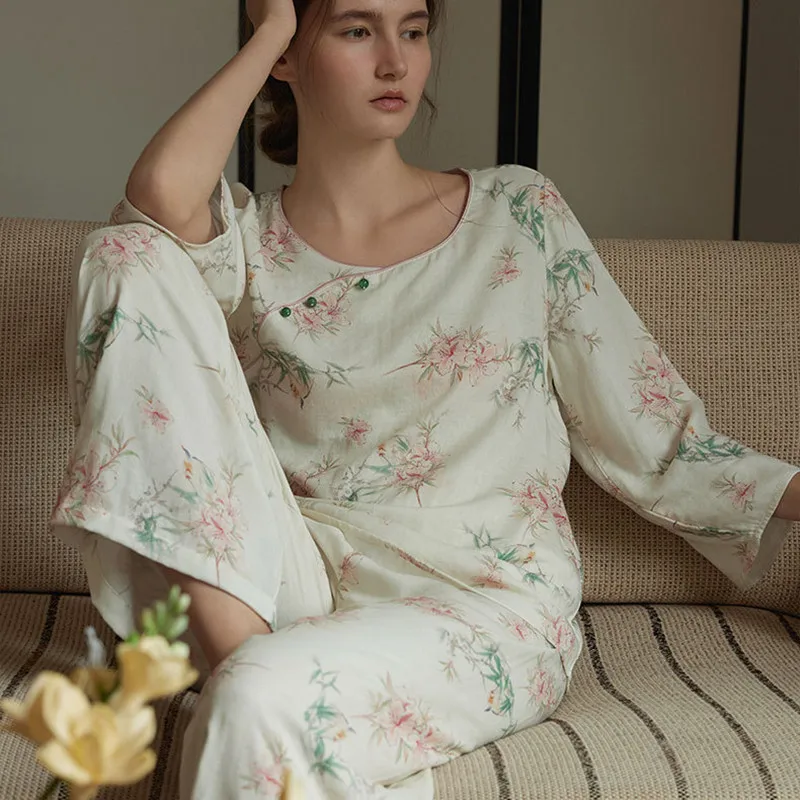 Women Vintage Bamboo Cotton Breathable Sleepwear Simple Round Neck Long Pants Two-Pieces Pajamas Sweet Printed Full Sleeves PYJS