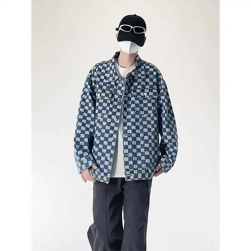Spring Black Plaid Denim Jacket Men Retro Pocket Denim Jackets Men Streetwear Hip-hop Loose Bomber Jacket Mens Cowboy Coat