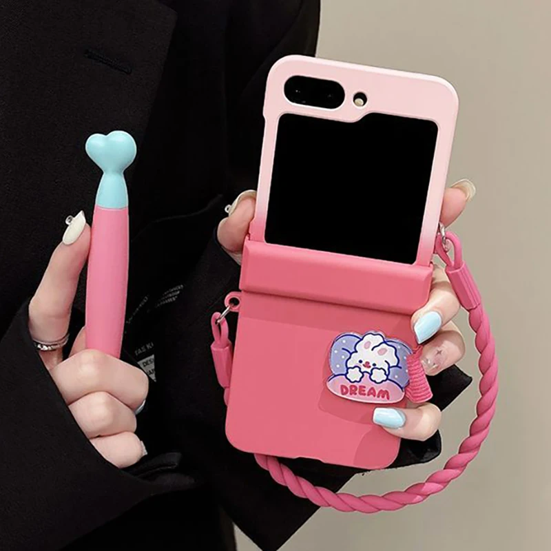 Kawaii Gilrs flip case for Samsung Galaxy Z Flip6 / Galaxy Z Flip7 phone cases with stylus cute pink touch screen pen non-slip
