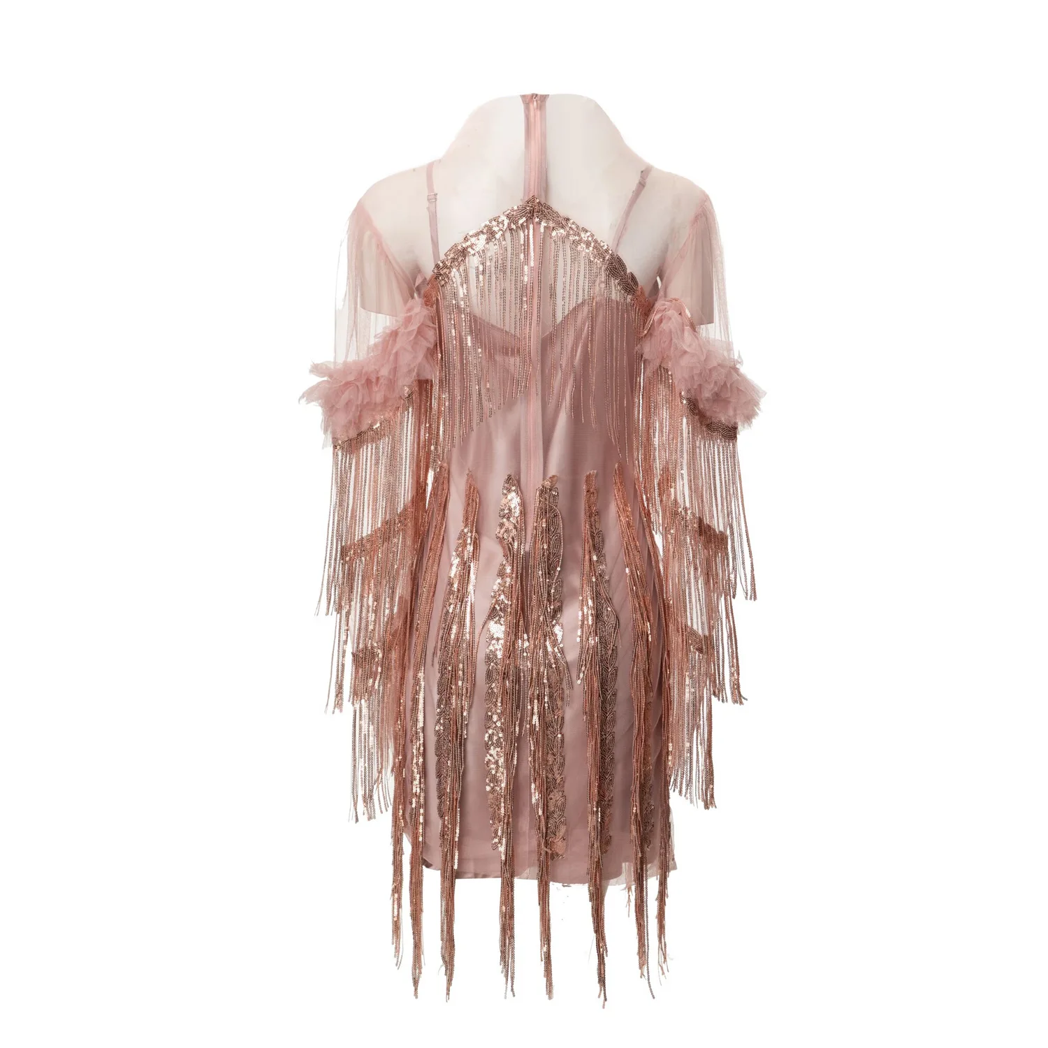 Europe and the United States women's 2024 summer new Long sleeve standing collar Heavy sequin fringe fashion Pink dress XXL