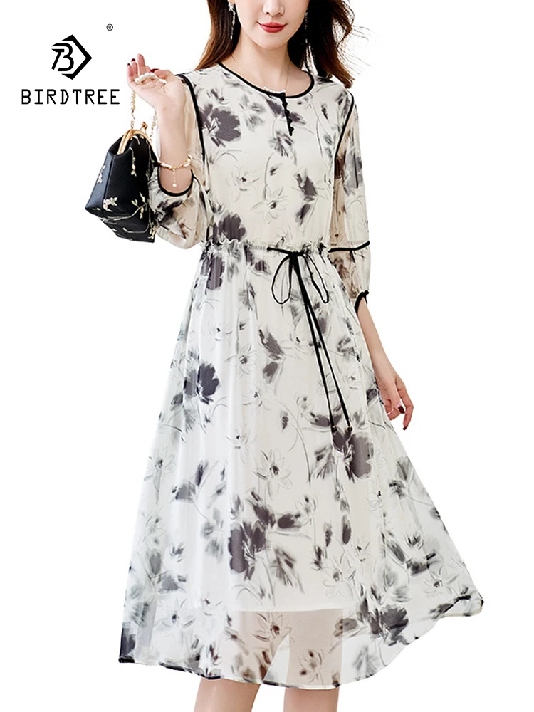 

BirdTree, 100%Real Silk Elegant Dress, Women 3/4 Sleeve Ink Wash Print, French Retro Commute Dresses, 2024 Summer Fall D46789QC