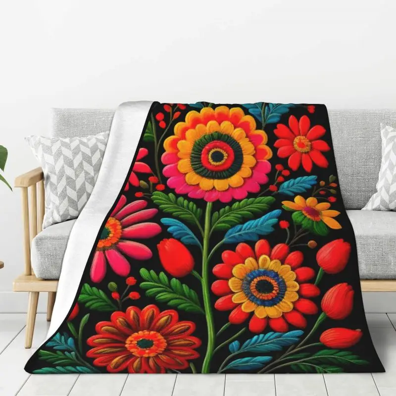

Custom Sofa Fleece Mexican Flowers Art Pattern Throw Blanket Warm Flannel Blankets for Bed Car Sofa Quilt