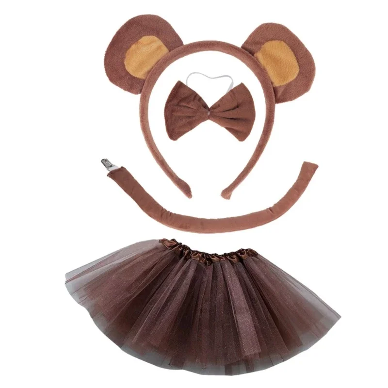 Kids Girls Role-Play Brown Bear Costume Accessories Animal Ears Headband Bowtie Tail Skirts for Party Stage Wear R7RF