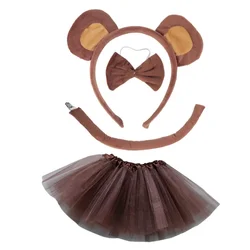 Kids Girls Role-Play Brown Bear Costume Accessories Animal Ears Headband Bowtie Tail Skirts for Party Stage Wear R7RF