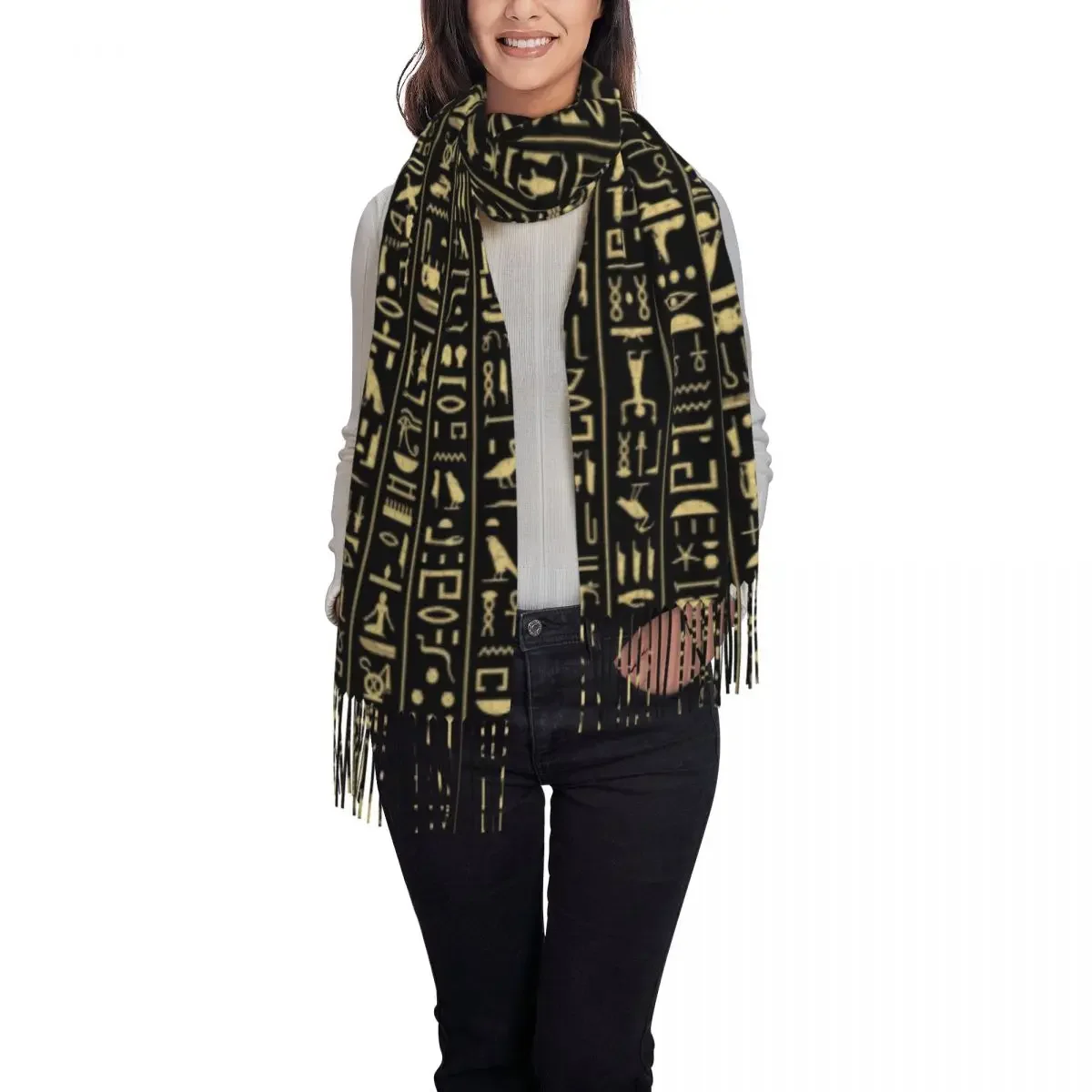 Luxury Gold Hieroglyphics Tassel Scarf Women Winter Warm Shawl Wrap Lady Egypt Art Scarves