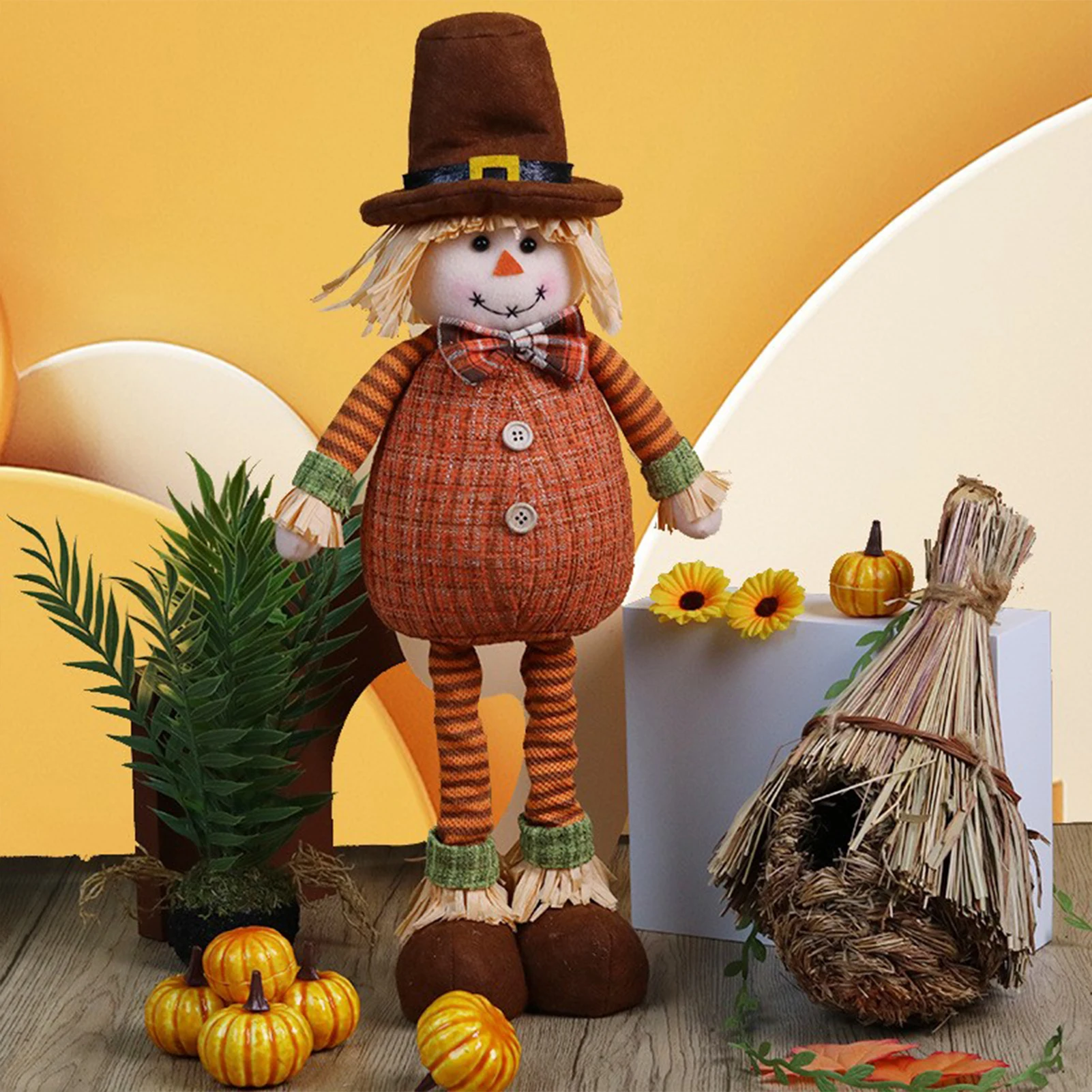 ZK30 Thanksgiving Scarecrow Telescopic Doll Harvest Season Decoration Maple Leaf Sunflower Straw Hat Decorative Elderly Doll