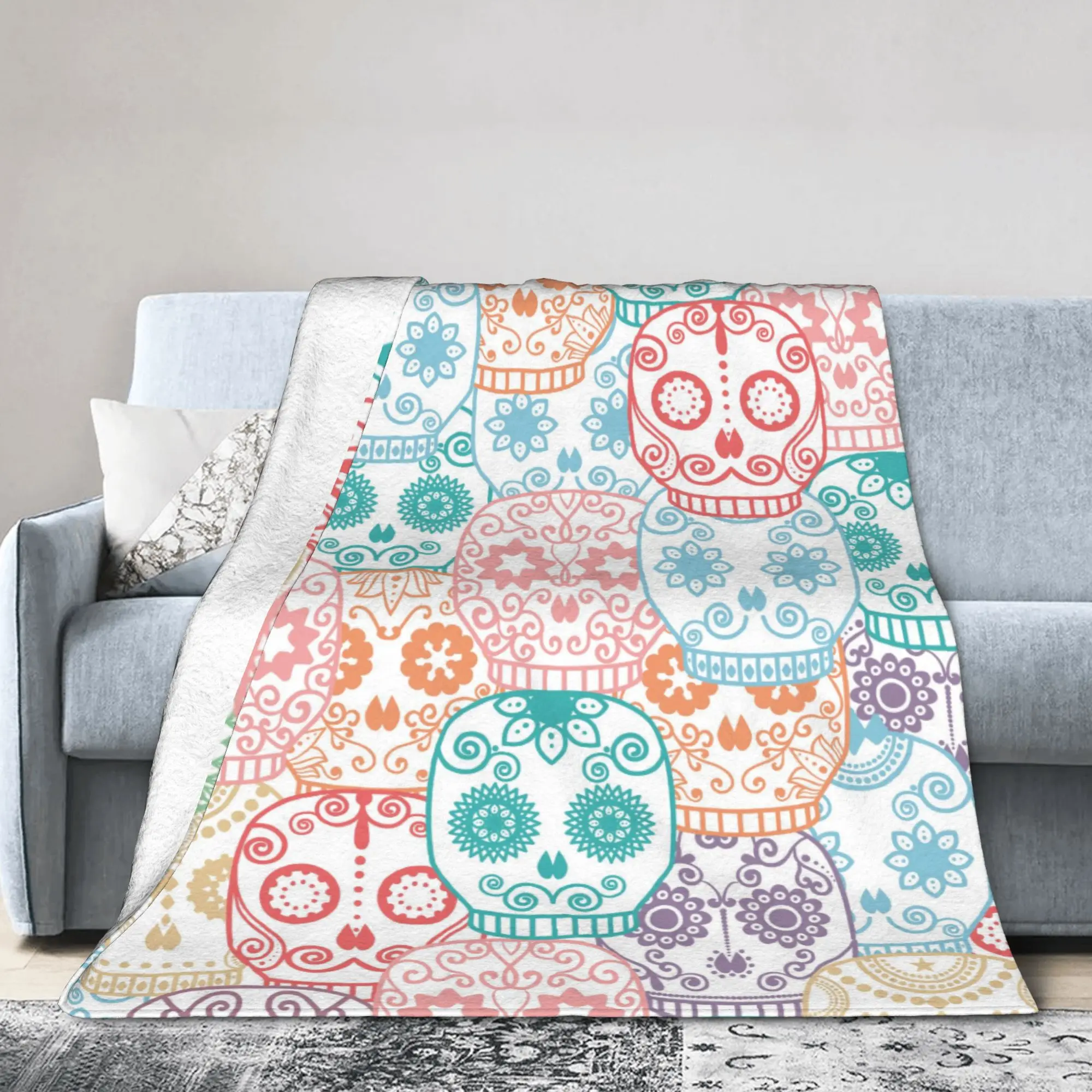 Sugar Skull Knitted Blanket Colorful Mexican Skeleton Halloween Flannel Throw Blankets Bedding Couch Lightweight Bedspreads