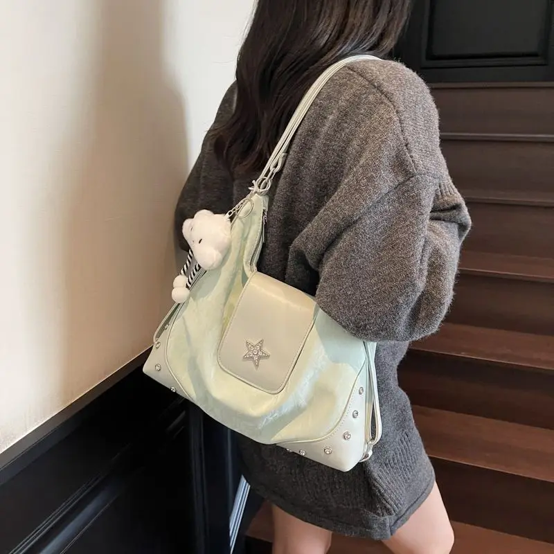 Cute PU Leather Splicing Nylon Retro Star Rivet Large Capacity Storage Bag Shoulder Bag Backpack Woman Bag Student Schoolbag