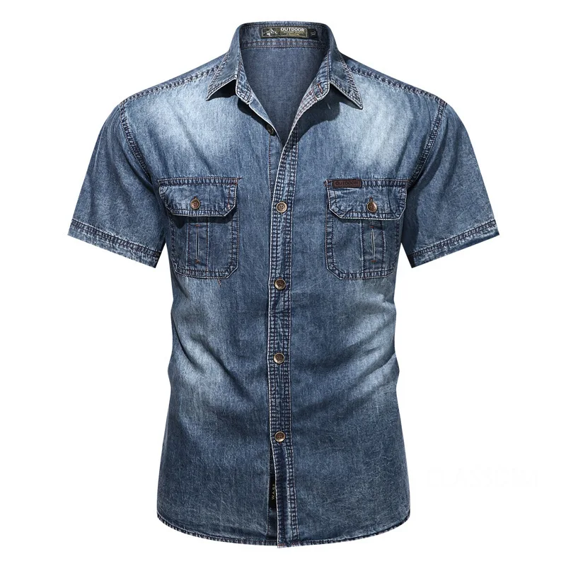 Men Short Sleeve Denim Shirts Multi pockets Tooling Shirts New Summer Blue Jeans Shirts High Quality Men Cotton Casual Shirts 3