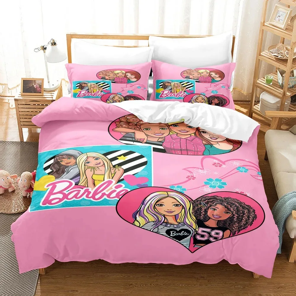 Barbie Pink Fashion 3 Pcs Bedding Set,Bed Cover King Size,Cute Digital Printing Cartoon Bed Cover,3D Children Bedding Set