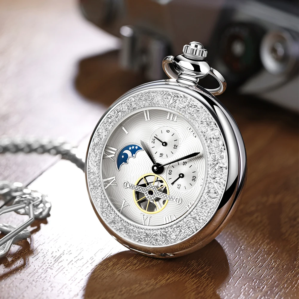 Vintage Mechanical Pocket Watch Sun, Moon, and Star Pendant The unique design comes with a thickened chain, which is perfect for