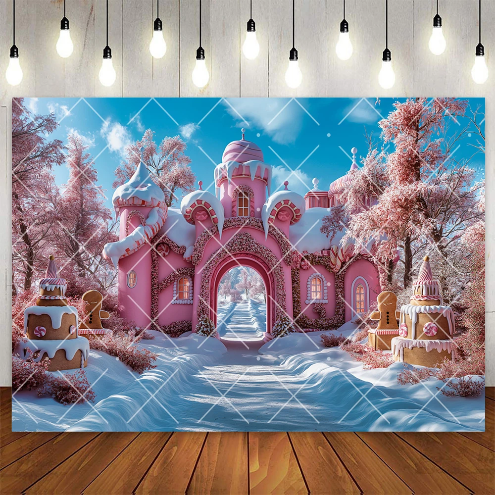 Christmas Pink Candy Cane Arch Door Backdrop Kid Birthday Xmas Wreath Snowy Wonderland Winter Custom Photography Background