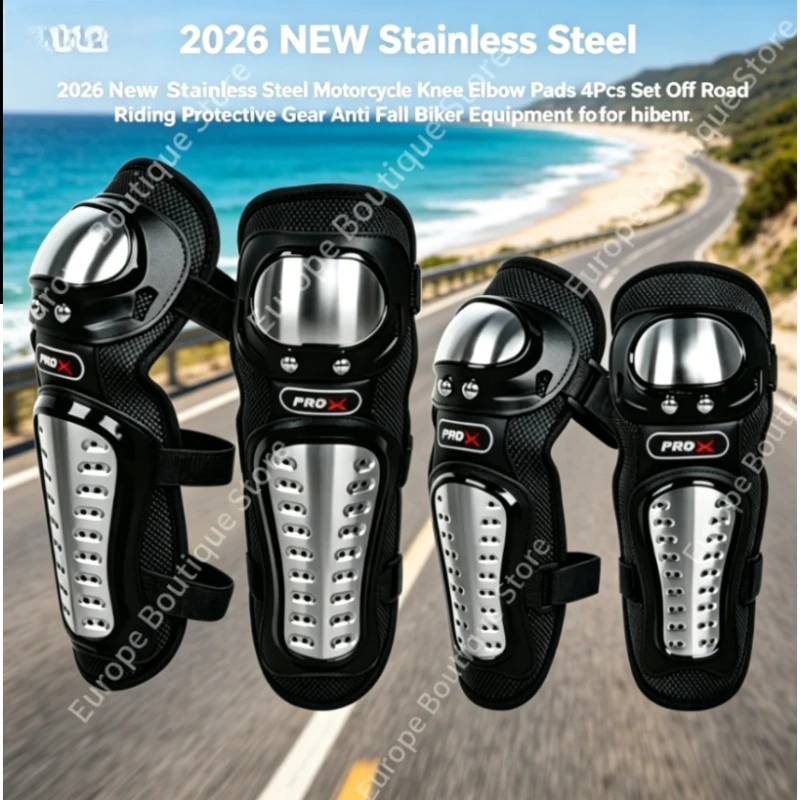 

2026 NEW Stainless Steel Motorcycle Knee Elbow Pads 4Pcs Set Anti Fall Off Road Riding Protective Gear for Men Biker