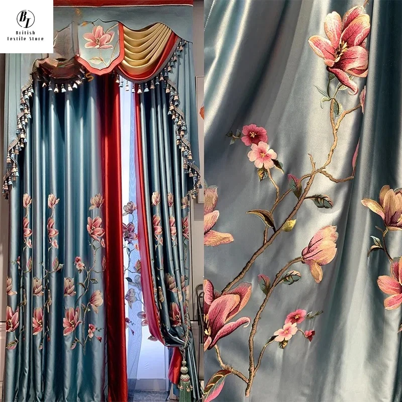 

Custom Size！！Chinese Style Blue Embroidered Window Screen Gloss Splicing Curtains for Living Dining Room Bedroom Decor Window