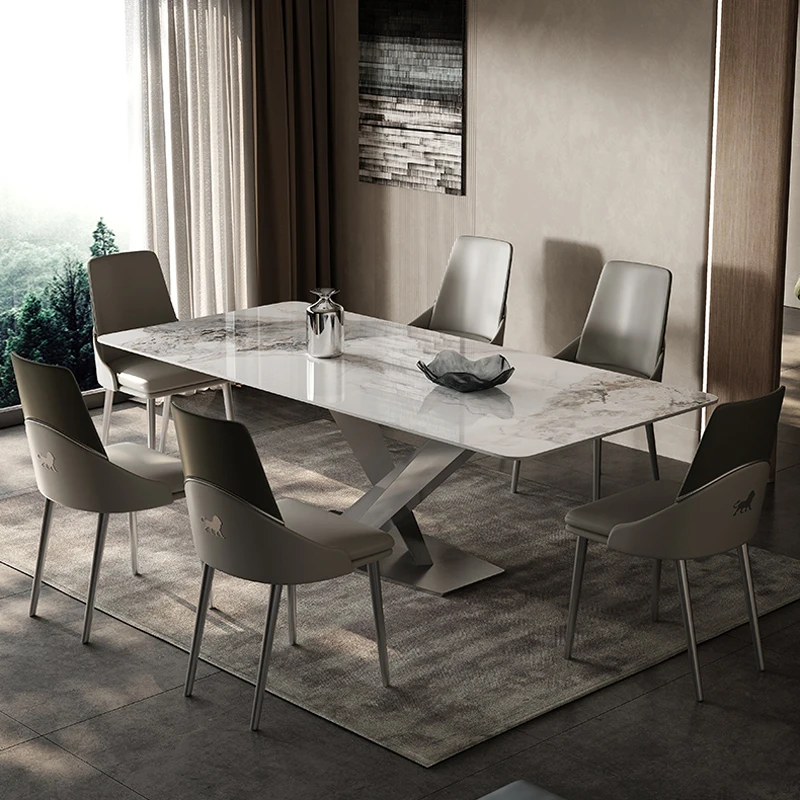 

&c Modern Light Luxury Designer Grey Dining Table Minimalist Rock Plate Italian Rectangular Chair Combination Made Metal