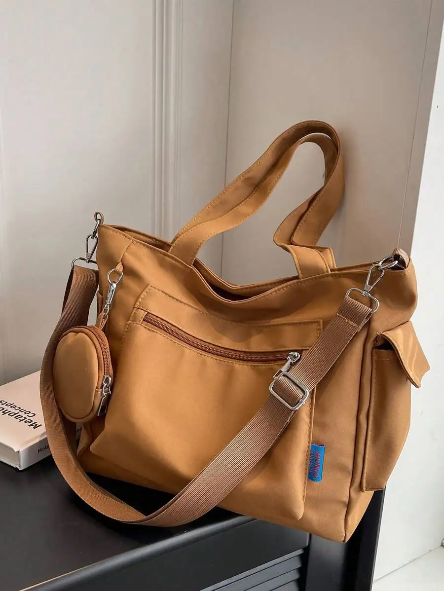 

Tan Multi-Pocket Crossbody Bag with Detachable Coin Purse and Adjustable Strap