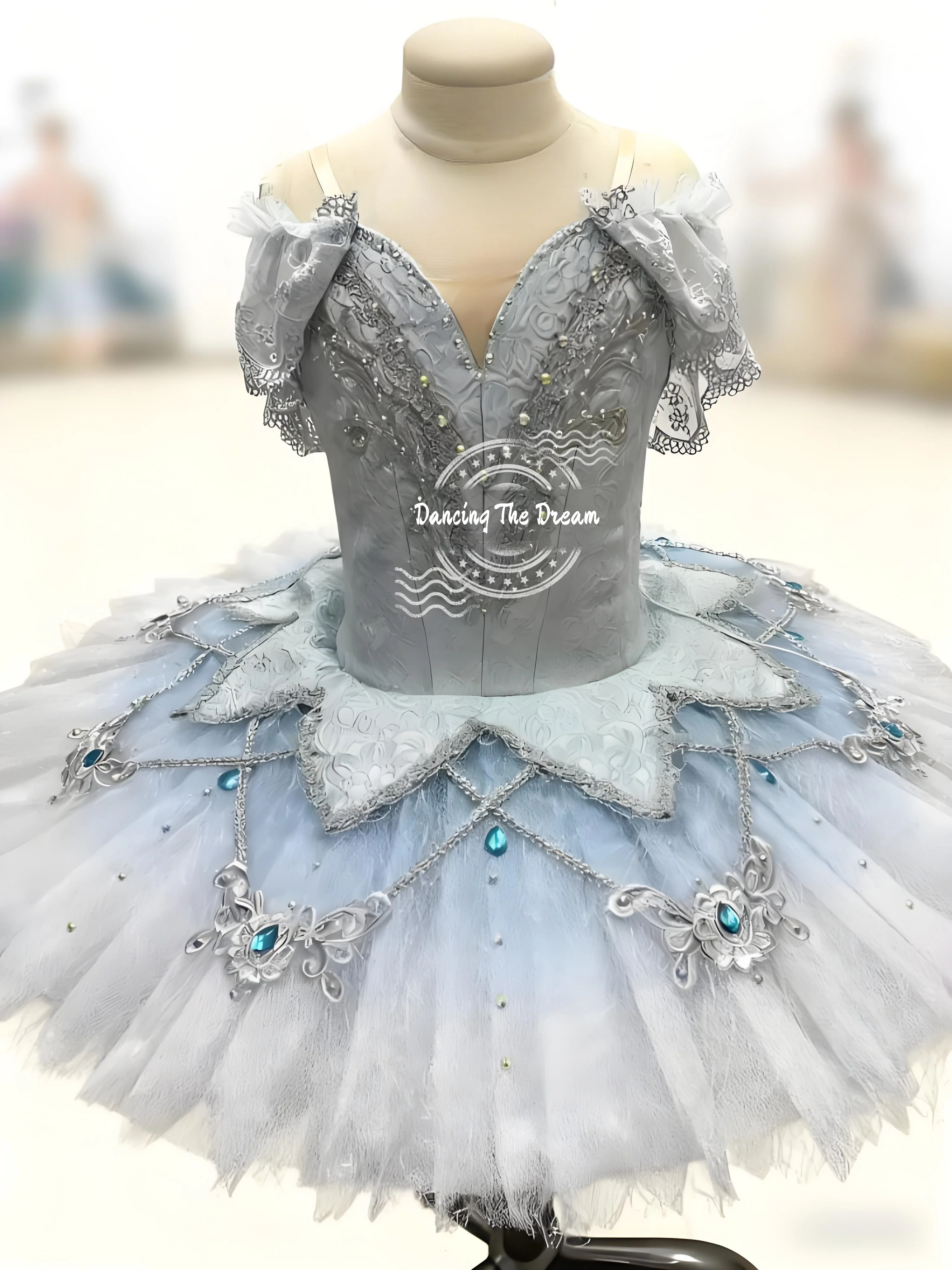 Pale Blue Ombre Lace - Accented Tulle Ballet Dress with Sequins Sky Blue Ombre Satin - Trimmed Tulle Ballet Dress