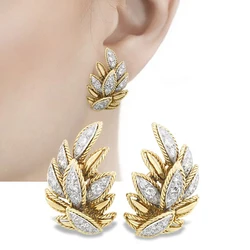 Huitan Gorgeous Leaves Design Stud Earrings Women Two Tone Luxury Pave Dazzling CZ Aesthetic Female Earrings for Wedding Jewelry