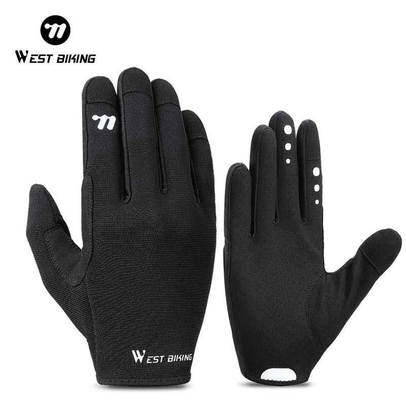 WEST BIKING Spring Autumn Full Finger Cycling Gloves Touch Screen Road Bike Breathable Gloves Men Black Anti-Slip Driving Gloves