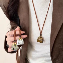 Vintage Cute Small Stone Bag Pendant Long Necklace for Women Korean Velvet Sweater Chain Jewelry Versatile Hanging Accessory