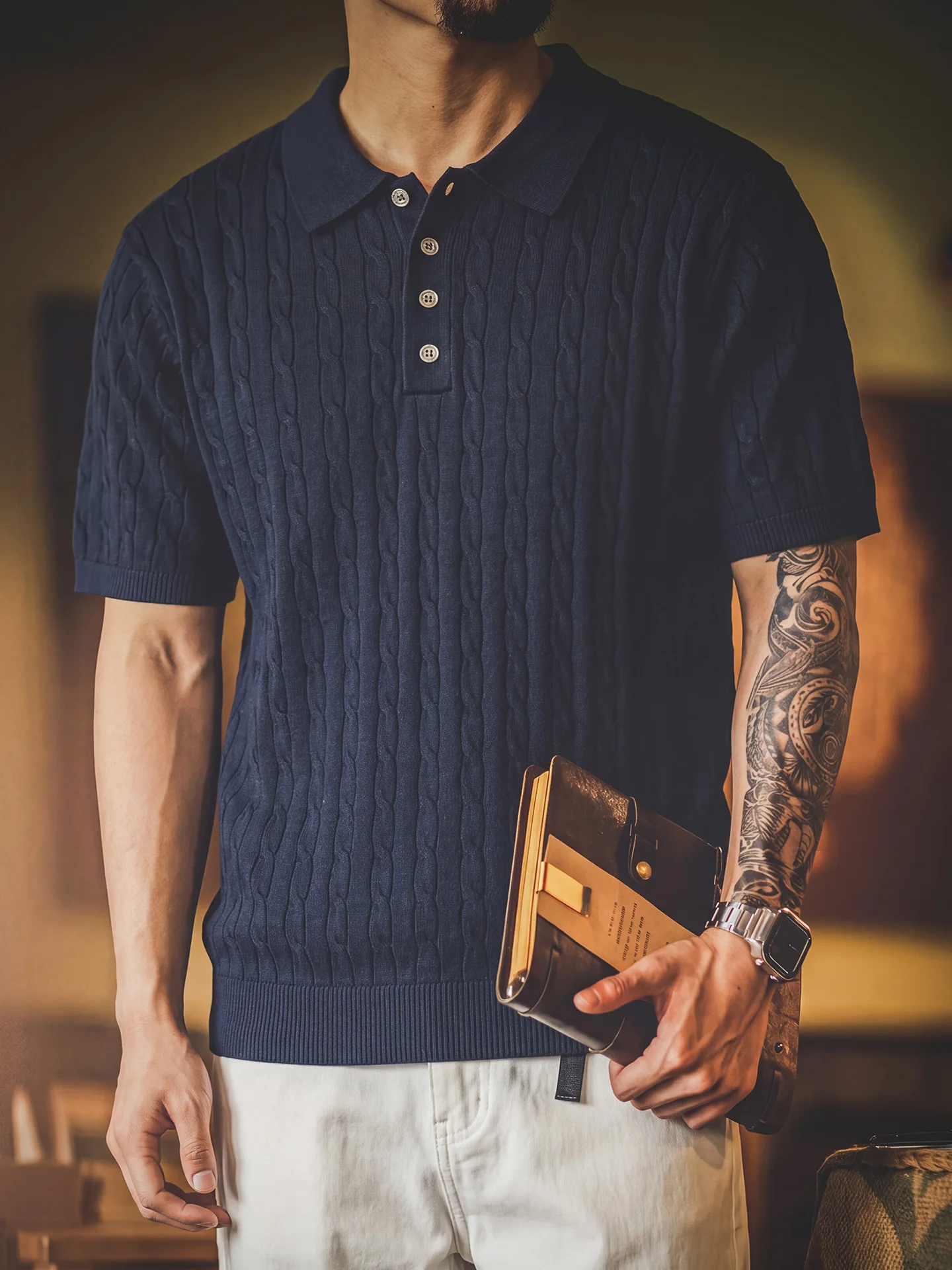 American Retro Knitted  Shirt for Men Loose Fit Lightweight Short Sleeve Pure Color Breathable Casual Top for Commuting