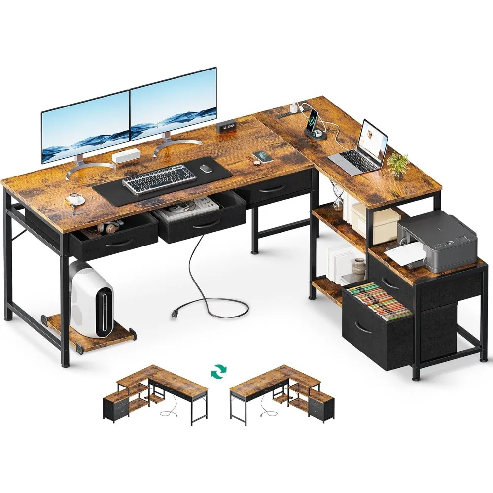 Shaped Computer Desk with Fabric Drawers and File Cabinet, 61" Reversible Home Office Workstation Desk with Power Outlets