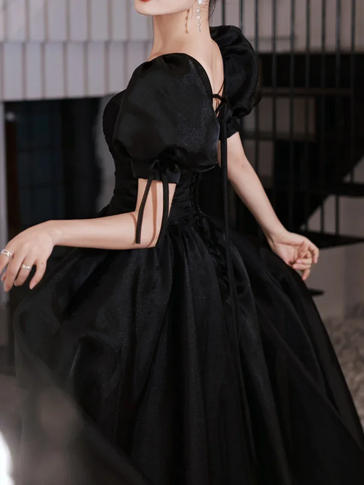 Customized Black Evening Party Dresses 2024 Summer New Elegant V-neck Wedding Dress Slim Waist Puff Sleeve Cross Lace Up Prom Ve