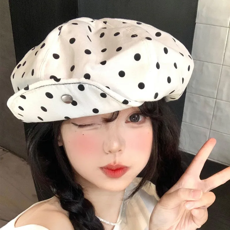 

Women Polka Dot Flip Brim Snap Button Beret Cap Spring Summer Korean Style Casual Plus Size Show Face Small Painter Newsboy Hat